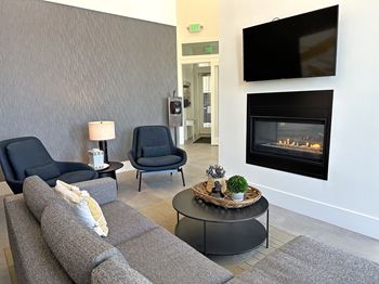 Contemporary lounge with fireplace and blue chairs